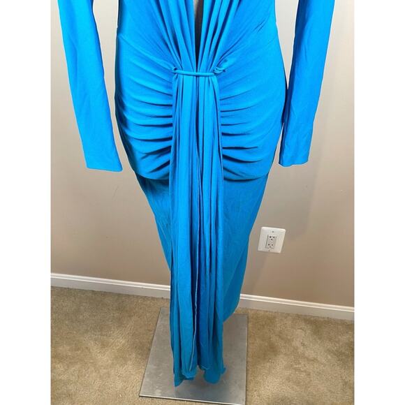 Solace London Lorena Draped Deep V Neck Azure Blue Midi Dress Size 4 - Picture 7 of 10